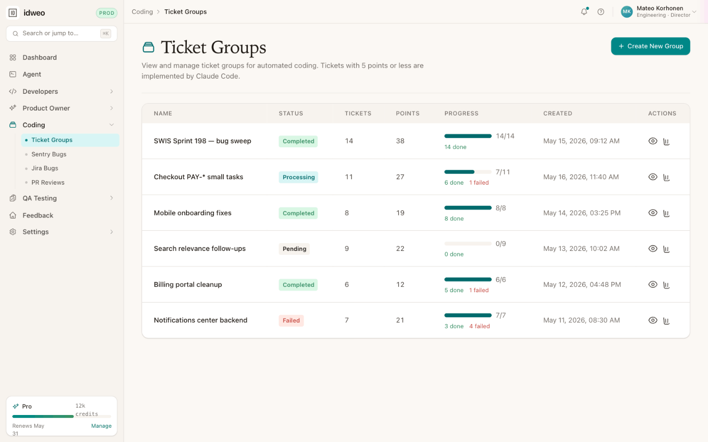 Ticket Groups for automated coding, each with status, ticket and points counts, and a completion progress bar