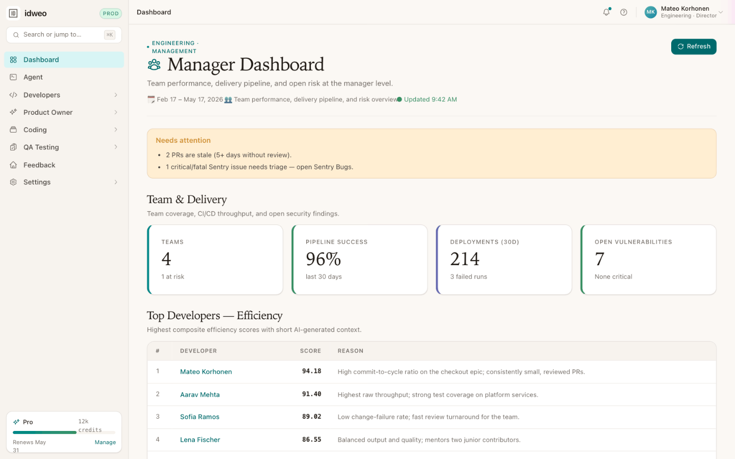 Manager dashboard with team KPIs and a ranked list of top developers by efficiency score and grade