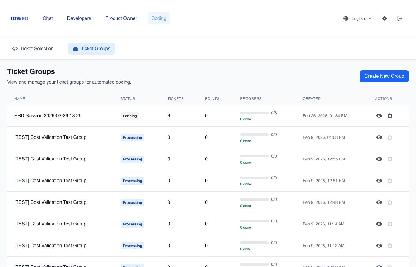 Ticket Groups - View and manage automated coding sessions with progress tracking